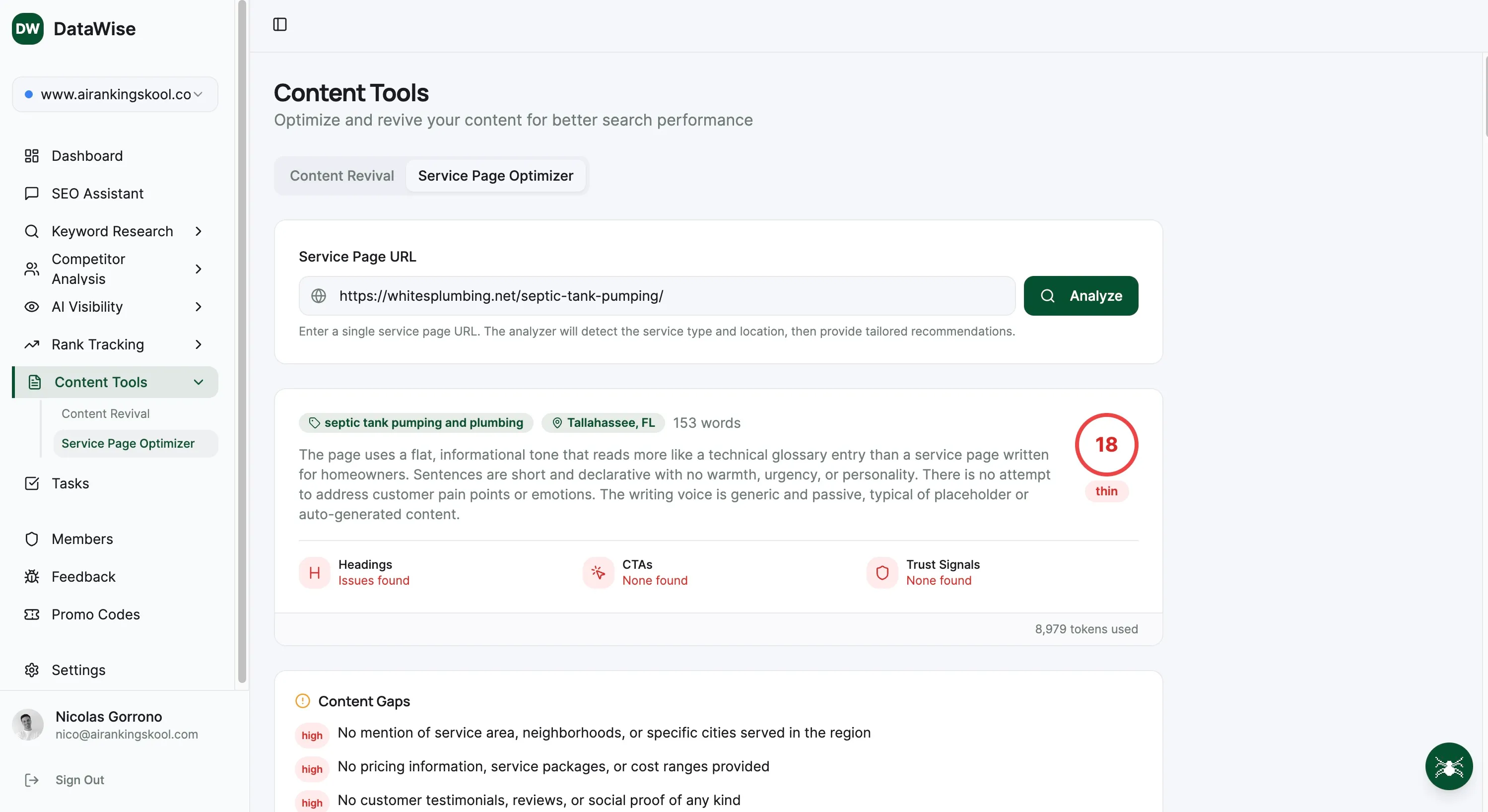 Content Tools interface in DataWise SEO
