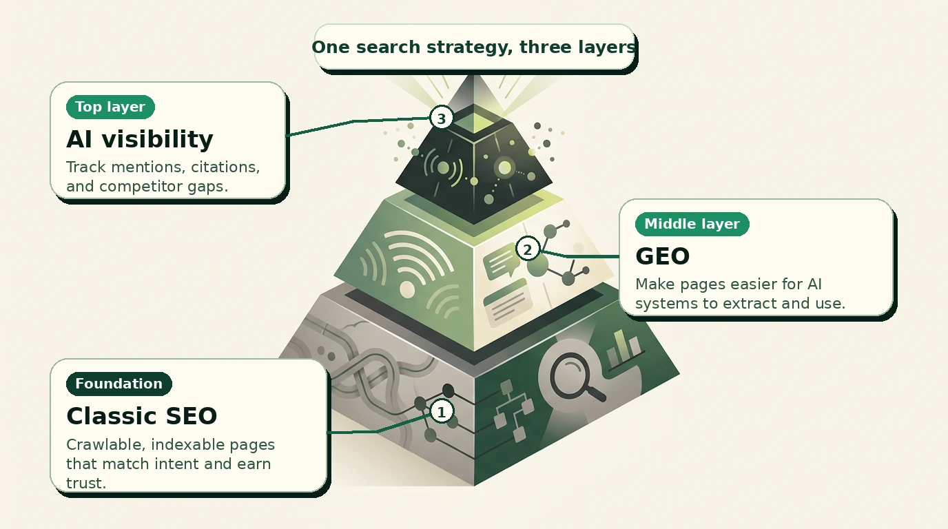 Labelled three-layer pyramid showing classic SEO as the foundation, GEO as the middle layer, and AI visibility as the top layer.
