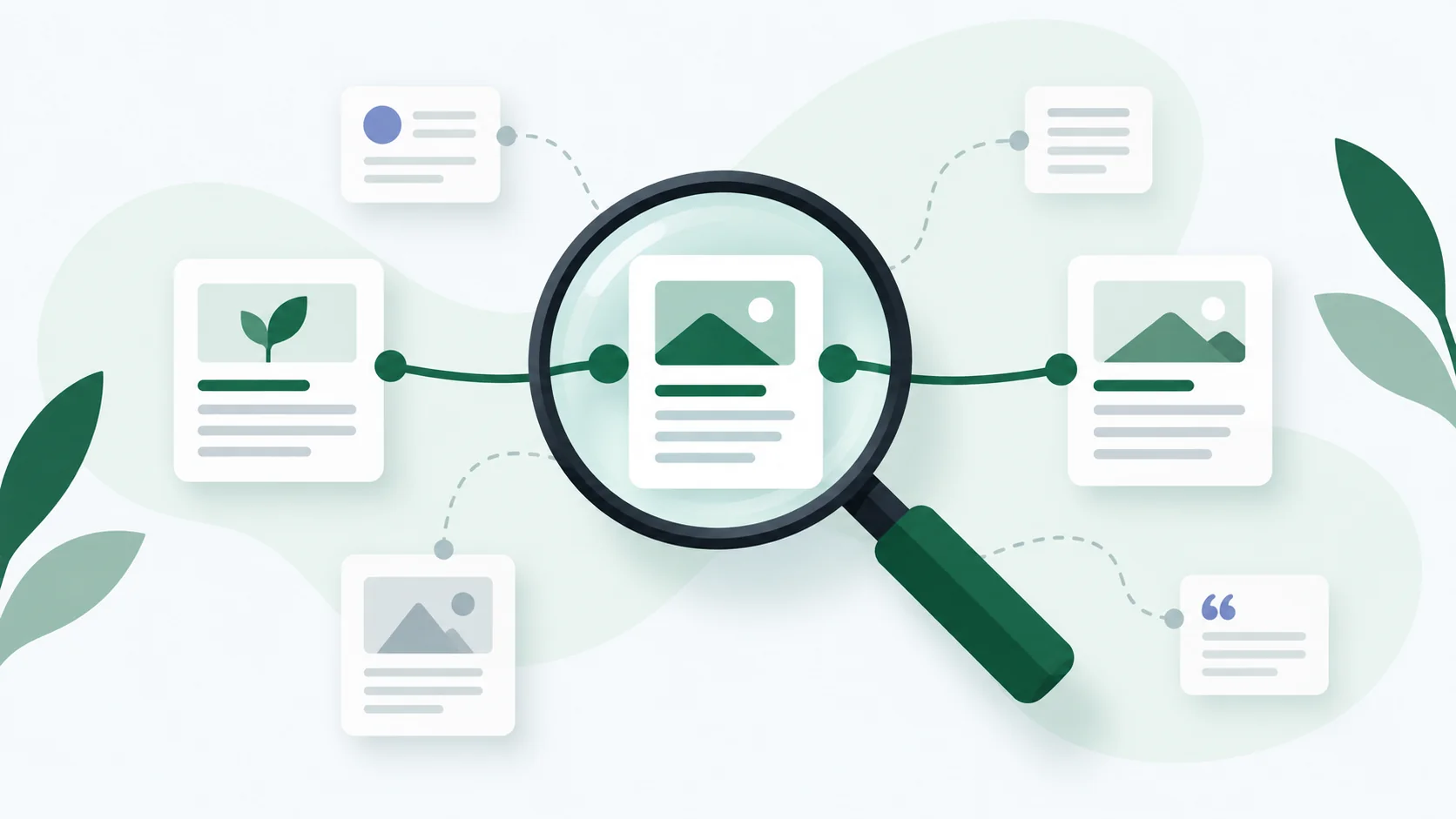 A magnifying glass examines the connections between article pages.