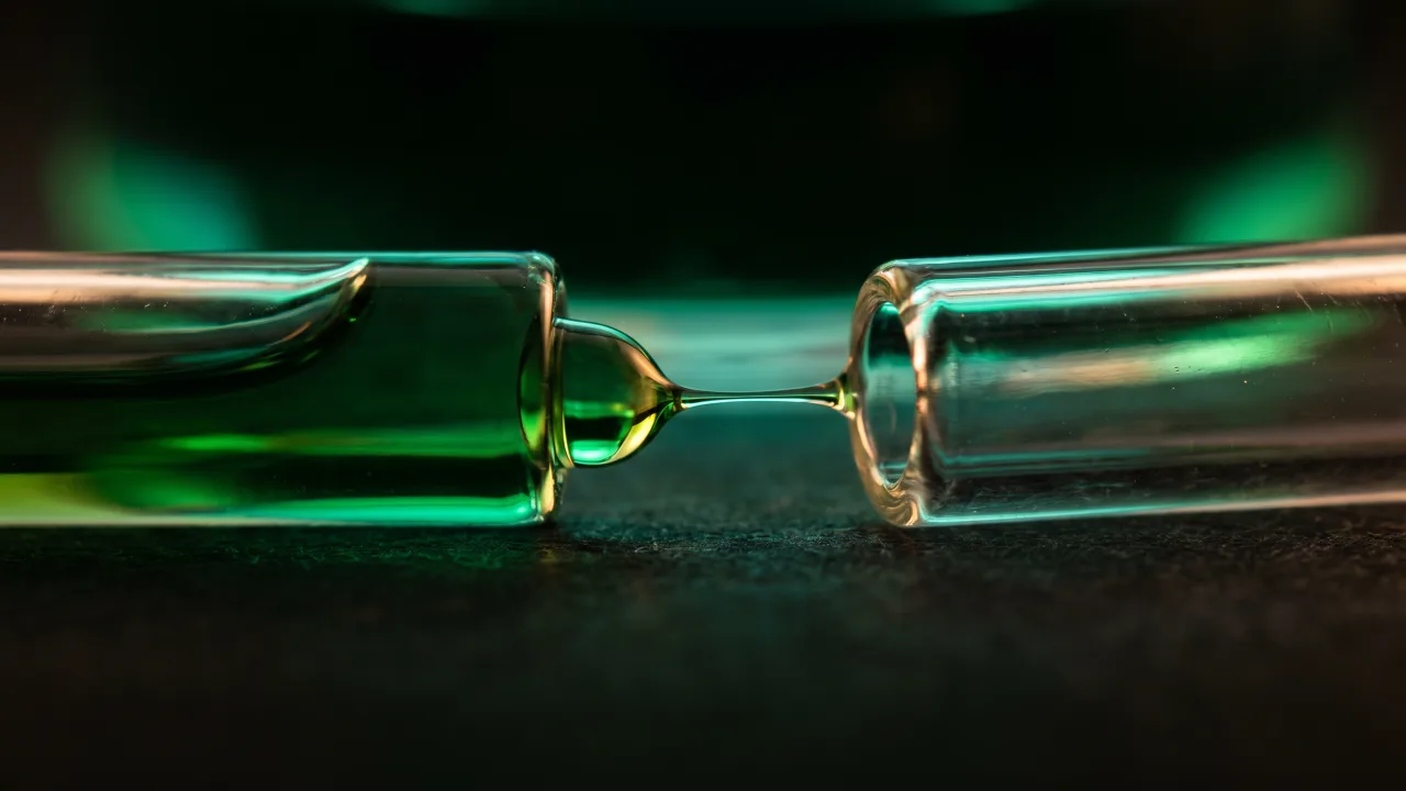 Two glass tubes meeting end to end, with a bead of glowing emerald liquid bridging the gap between them