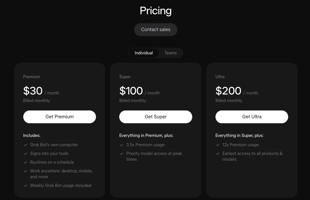 Grok Bot individual pricing: Premium at $30 a month, Super at $100 a month with 3.5x Premium usage, and Ultra at $200 a month with 12x Premium usage