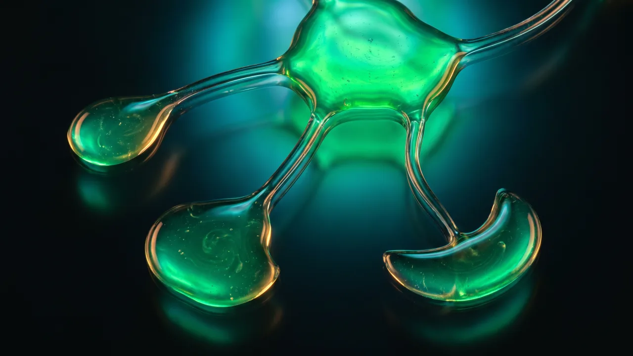 Three glowing emerald liquid droplets on dark glass, each fed by a thin transparent channel from one shared central reservoir