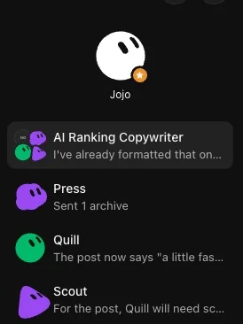 Grok Bot sidebar showing the AI Ranking Copywriter group chat above the individual chats with Press, Quill and Scout