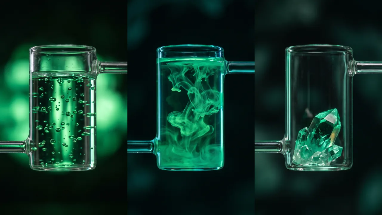 Three linked glass chambers: scattered emerald droplets in the first, swirling green ink in the second, and a finished green crystal in the third