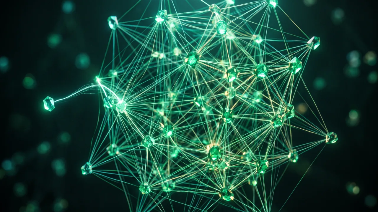 Glowing green crystal lattice where bright nodes connect to each other through thin strands of light