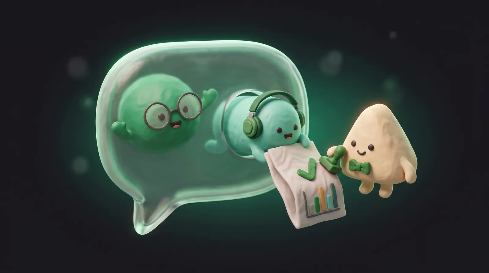 A blob-shaped AI agent delivering a report with a bar chart into a chat bubble while another stamps it approved