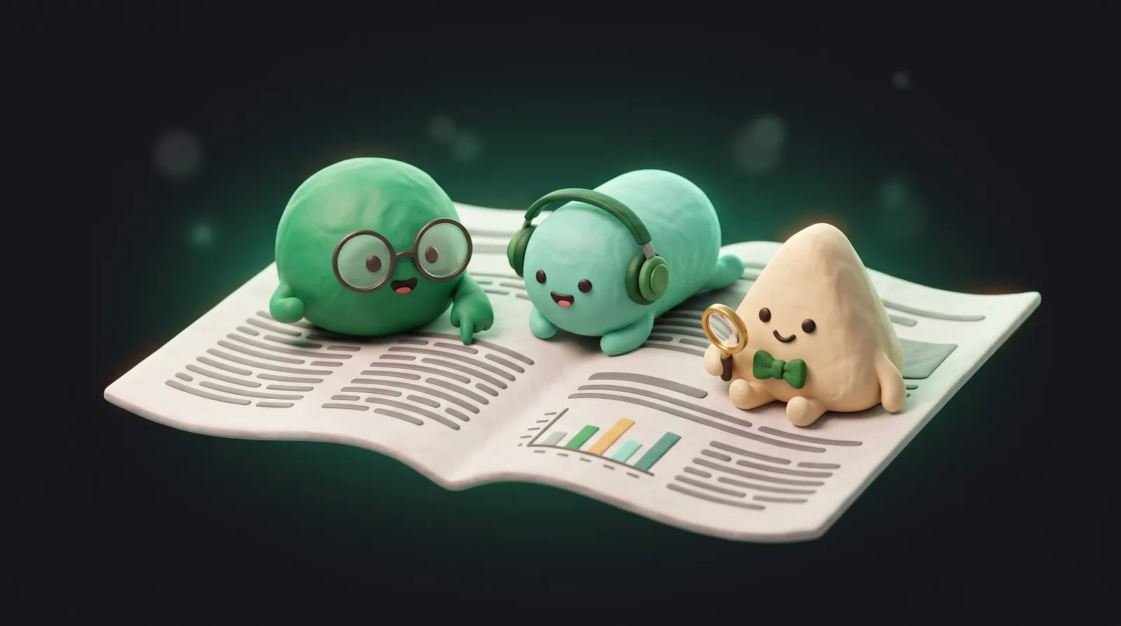 Three cute blob-shaped AI agent characters reading an article together