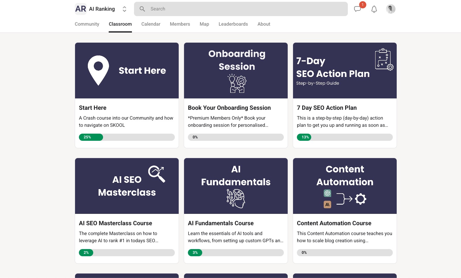 Inside the AI Ranking Skool classroom: Start Here, Onboarding Session, 7-Day SEO Action Plan, AI SEO Masterclass, AI Fundamentals, and Content Automation courses