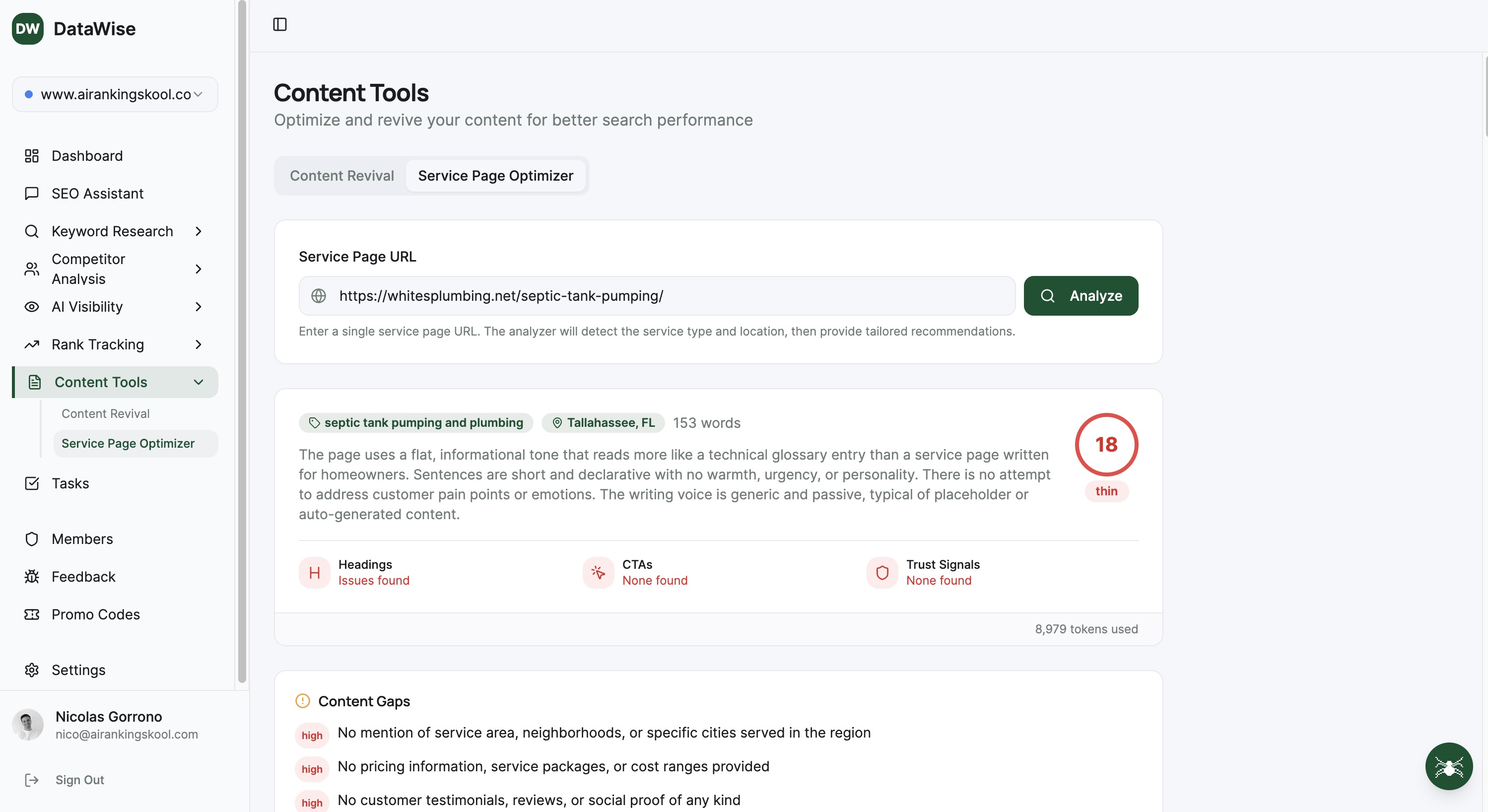 Content Tools tool interface in DataWise SEO