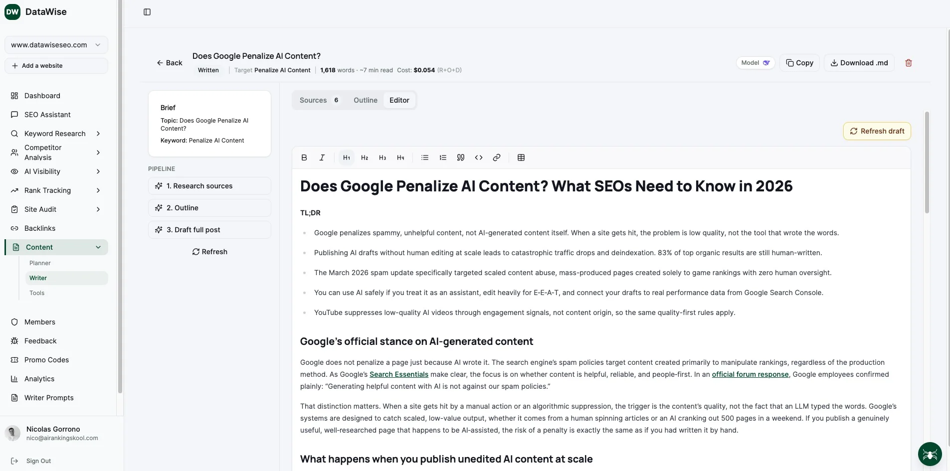 Content Writer tool interface in DataWise SEO