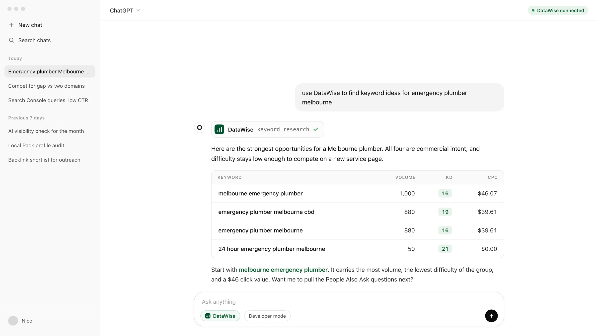 Example of the DataWise connector inside an AI assistant: a keyword research request returns a table of Melbourne plumbing keywords with volume, difficulty and cost per click