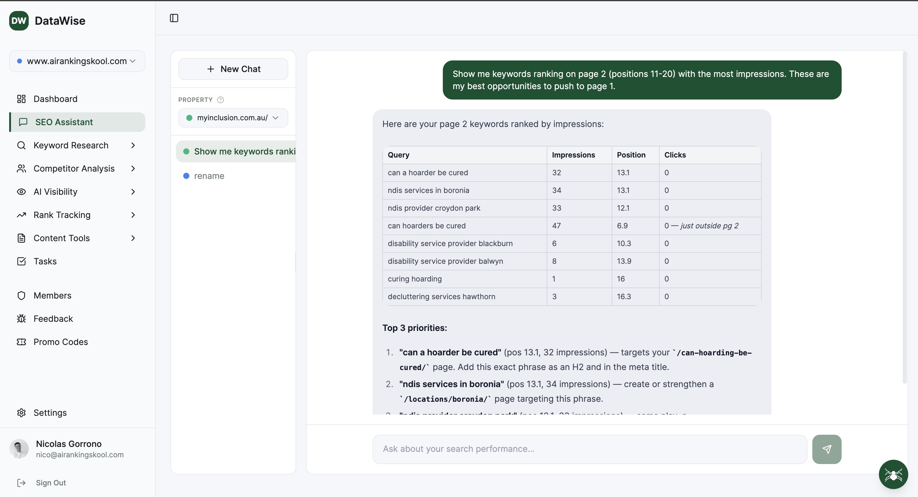 SEO Assistant tool interface in DataWise SEO
